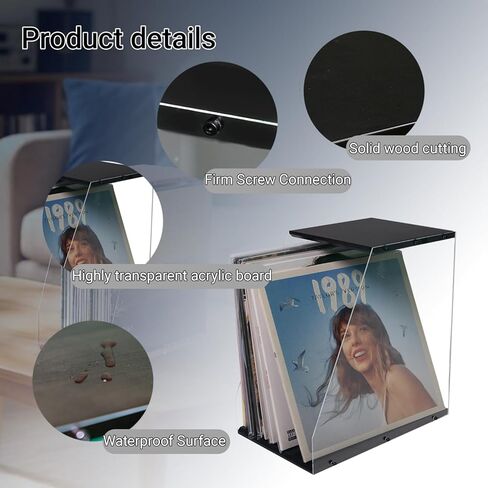 Vinyl Record Storage Rack, 40LPs+ Capacity Wooden Vinyl Albums Display Organizer with Acrylic Board, Quick Assembly Retro Style Record Storage Box for CD, Magazine, File in Saudi Arabia