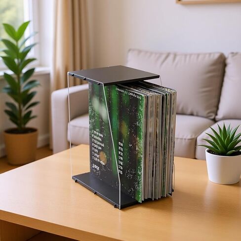 Vinyl Record Storage Rack, 40LPs+ Capacity Wooden Vinyl Albums Display Organizer with Acrylic Board, Quick Assembly Retro Style Record Storage Box for CD, Magazine, File in Saudi Arabia
