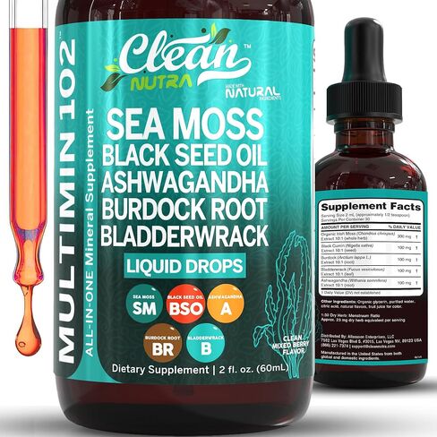 Clean Nutraceuticals Sea Moss Liquid Drops Supplement with Black Seed Oil Ashwagandha Burdock Root & Bladderwrack - Multimineral Organic Non-GMO Vegan for Gut Heath Skin Immune Support Hair (2) in Saudi Arabia