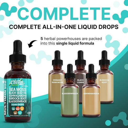 Clean Nutraceuticals Sea Moss Liquid Drops Supplement with Black Seed Oil Ashwagandha Burdock Root & Bladderwrack - Multimineral Organic Non-GMO Vegan for Gut Heath Skin Immune Support Hair (2) in Saudi Arabia