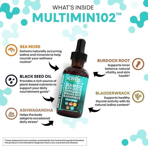Clean Nutraceuticals Sea Moss Liquid Drops Supplement with Black Seed Oil Ashwagandha Burdock Root & Bladderwrack - Multimineral Organic Non-GMO Vegan for Gut Heath Skin Immune Support Hair (2) in Saudi Arabia
