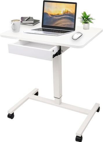 CLATINA Mobile Laptop Standing Desk, Height Adjustable Teacher Podium with Lockable Wheels, Adjustable Work Table with Drawer, Computer Cart Overbed Table for Home, Office, Classroom, White in Kuwait