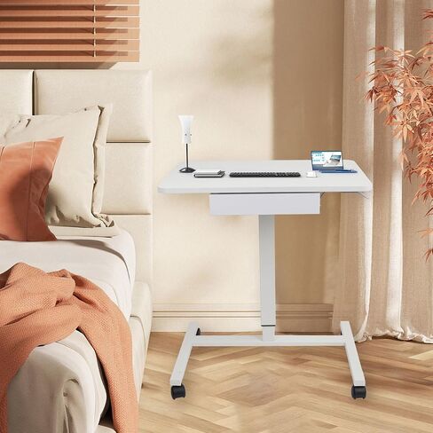 CLATINA Mobile Laptop Standing Desk, Height Adjustable Teacher Podium with Lockable Wheels, Adjustable Work Table with Drawer, Computer Cart Overbed Table for Home, Office, Classroom, White in Kuwait