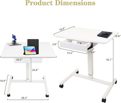 CLATINA Mobile Laptop Standing Desk, Height Adjustable Teacher Podium with Lockable Wheels, Adjustable Work Table with Drawer, Computer Cart Overbed Table for Home, Office, Classroom, White in Kuwait