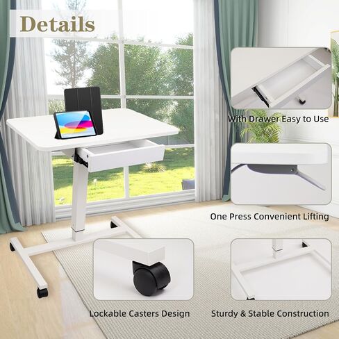 CLATINA Mobile Laptop Standing Desk, Height Adjustable Teacher Podium with Lockable Wheels, Adjustable Work Table with Drawer, Computer Cart Overbed Table for Home, Office, Classroom, White in Kuwait
