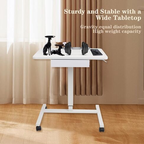 CLATINA Mobile Laptop Standing Desk, Height Adjustable Teacher Podium with Lockable Wheels, Adjustable Work Table with Drawer, Computer Cart Overbed Table for Home, Office, Classroom, White in Kuwait