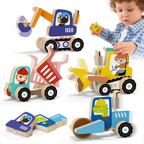 Lehoo Castle Montessori Toys for 3 Year Old, Take Apart Construction Truck STEM Toy for 3-4 3-5 4-5 Year Old Boys, Snap Together Wooden Educational Learning Building Toys Gift for Toddlers