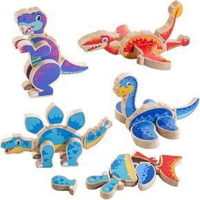 Magnetic Dinosaur Building Blocks, Wooden Dino Snap Blocks, STEM Take Apart Dinosaurs Playset, Montessori Fine Motor Skills Educational Learning Toy, Preschool Gift for 3 4 5 6 Years Kids