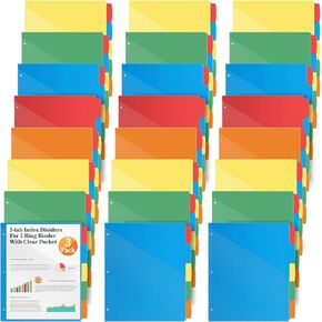 V-Opitos 24 Set 5-tab Index Dividers for 3 Ring Binders, Plastic Dividers with Clear Front Pocket, 120 Pcs Multicolor Dividers for School & Office Supplies