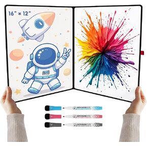 Double-Sided White Board 16×12inch - Expands to 24“×16" Dry Erase Board with 3 Markers & Anti-Ghosting Surface | Magnetic-Ready | Ultra-Thin for Office,School,Travel,Home(16"×12"-Black)