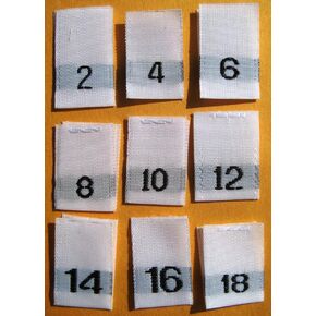 Clothing Woven Sewing Label White, Size 2 4 6 8 10 12 14 16 18-225 PCS Total
