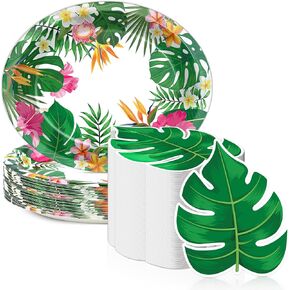 50PCS Hawaiian Luau Party Oval Paper Plates Green Leaf Shape Napkins Aloha Floral Party Supplies Large 11in Summer Platters Tableware Decoration Disposable Tropical Dish Tray for Beach Birthday Party
