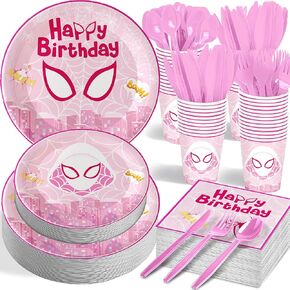 168pcs Super Girl Birthday Party Supplies - Spider Pink Ghost Gwen Plates Napkins Cups Paper Disposable Tableware Decorations for 24 Guests