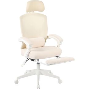 RealSpace® Vallori Mesh/Fabric High-Back Kair مع مسند قدم قابل للسحب ، كريم/أبيض