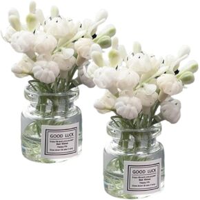 2 Pcs Miniature Flower Vases with White Jasmine – Realistic Handmade Dollhouse Accessories for 1:6/1:8 Scale, Fairy Garden Props, DIY Crafting Elements, Cupcake Decor, Micro Landscape Embellishments