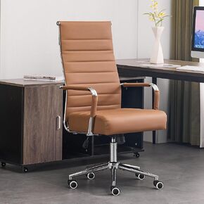 Office Desk Chair, Modern Leather Conference Room Chairs with High Back,Wheels and Arms, Ergonomic Executive Ribbed Height Adjustable Swivel Chair for Home Office (Black-Black Frame)