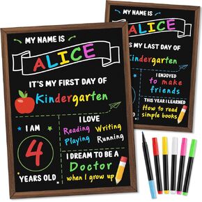 First & Last Day of School Board, 14 x 10.5 Inch Double Sided Back to School Chalkboard with Frame, Reusable Wooden 1st Day of Preschool/Kindergarten Sign for Kids/Girls/Boys