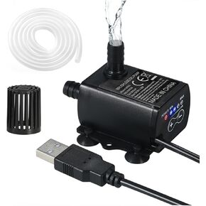 Irishom Aquarium Water Pump, 300L/H Lift 9.8Ft 4 Gears Flow Adjustable Brushless Fountain Pump with Filter 4 Suction Cup Base 4.9Ft Power Cord 6.6ft Pipe