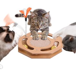 Interactive Toy Cat Scratcher, Sisal Scratching Pad, Kitten Toy Wood with Bell Ball Track, Feather Teaser for Mental Physical Exercise Puzzle