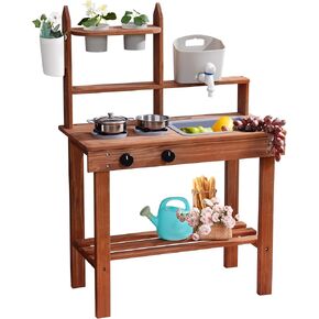 ROBOTIME Mud Kitchen for Kids Outdoor, Wooden Kids Kitchen Playset, Outdoor Play Kitchen with Removable Sink, Faucet, Cooking Accessories, Stove, Fun Backyard Outdoor Kitchen for Boys Girls 3+