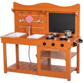Kitchen Playset for Kids, Outdoor Wooden Mud Kitchen Set w/2 Removable Sinks & Spray Pipe, Backyard Garden Toddler Pretend Play Kitchen w/Blackboard, Kitchenware, Stove, Gift for Boys Girls