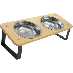 (1 Pack) Stainless Steel Elevated Cat Bowls, 15-Degree Inclined Stand to Prevent Vomiting, Wooden Cat Bowl Tabletop, 2 Detachable Stainless Steel Bowls, Suitable for Cats and Puppy