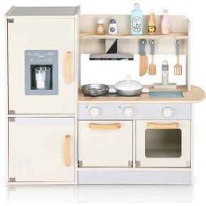 Ktaxon Wooden Play Kitchen for Kids, Pretend Kitchen Playset with Toy Ice Maker, Storage Space & Cooking Set Accessories for 3+ Years Old Girls and Boys