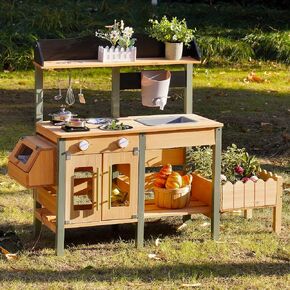 ROBOTIME Mud Kitchen for Kids Outdoor, Wood Outdoor Kitchen with Insect Observation Box & Planter Box, Toddler Play Kitchen with Removable Sink & Faucet, Pretend Outdoor Playset for Garden Fun