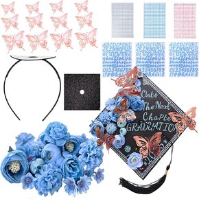 42 Pcs Graduation Cap Decorations Kit, Grad Cap Decorations Included Graduation Cap Headband Faux Flowers 3D Butterfly Adhesive Rhinestones Alphabet Letter Stickers for Grad Party Decor (Blue)