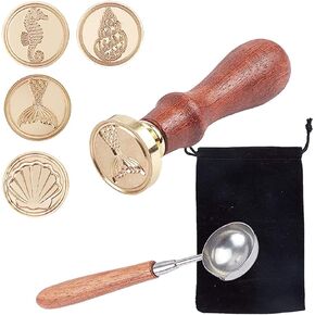 CRASPIRE 15Pcs Ocean Theme Wax Seal Stamp Kit Shell Seahorses Sealing Wax Stamps Brass Heads Wood Handle Black Velvet Pouch Conch Sea Animals Retro Brass Stamp Kit for Letter Envelope Card Gift Decor