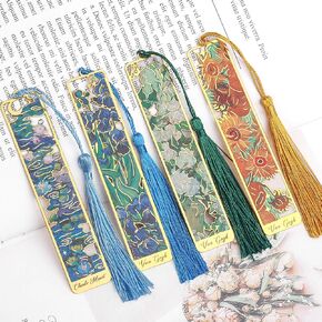 4 Pieces Metal Bookmark with Tassel,Cute Bookmarks Oil Painting Theme Aesthetic Bookmark Golden Van Gogh Book Marks for Women Man Book Lovers Writers Reader Adult Children Teens