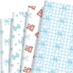 Sanixin 12 Sheets 28 * 20 بوصة قمم الوردي الورق اللطيف الدب Coquette Bow Love Heart Plaid Plaid Plaid Wrap Paper for Birthdy Bachelorette Baby Shower Party DIY Craft (Pink)