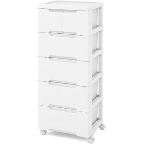Plastic Storage Drawer Cart, Mobile Utility Cart, Home Craft Organizer with 5 Drawers & Lockable Wheels, Slim Rolling Storage Cart for Living Room, Bathroom, Dorm & Office (16"L x 13"W x 31"H)