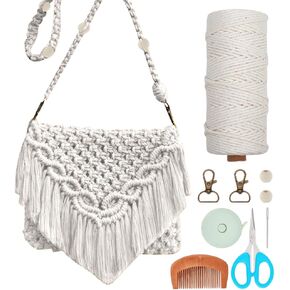 INFUNLY White DIY Macrame Bag Making Kit Boho Macrame Shoulder Bag with Tassels Macrame Knotting Tote Bag Kit for Adults Beginners Macrame Kit for Holiday with Video Instruction for Women Beach Gift