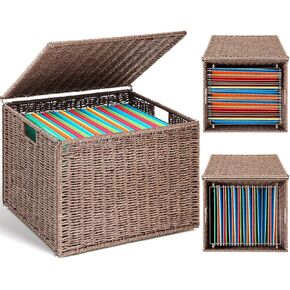 Extra Large Decorative File Box 18×16×13in Seagrass Wicker File Box Organizer for Letter & Legal Size Hanging Filing Basket with Lid Document Folder Cabinet Home Office(Tricolor,Water Hyacinth)