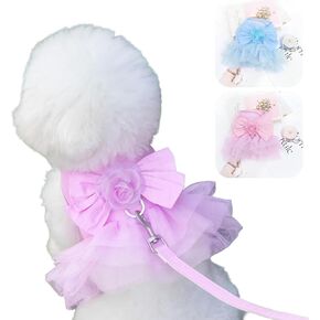 Princess Dog Roses Harness Leash Sets with Bow Knot No Pull Pet Floral Harness Skirt Tutu with D-Ring Luxury Wedding Lace Puppy Girl Small Medium Dogs Cats (Sweet Pink + Buttercup Yellow, Small)