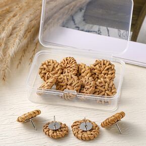 Honoson 12 Pcs Woven Rattan Push Pins with a Plastic Storage Box Boho Decorative Thumb Tacks Pushpin Cute Push Pins for Bulletin Board Reusable Thumbtacks for Cork Boards Photos Calendar Home Office