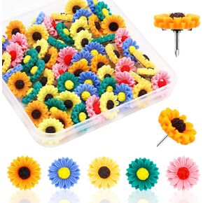 60Pcs Push Pins Thumb Tacks for Bulletin Board Sunflower Decorative Push Pins Colorful Floret Thumbtacks for Photo Wall, Feature Wall, Whiteboard, Cork Board, Map, Bulletin Board, Office, School