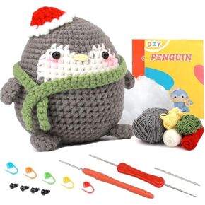 Crochet Kit for Beginners Crochet Animal Kit with Crochet Yarn Crochet Hooks Polyester Fiber Step-by-Step Instructions Video DIY Craft Art Knitting Kit, Penguin (Gray)