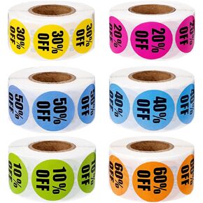1-inch Discount Stickers, Circular Deal Tag Label, 10% 20% 30% 40% 50% 60% Percent Off Sticker for Store Promotion, Retail Use or Clearing Inventory (6 Rolls of 500 Each)