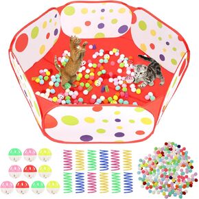 Cat Ball Pit Include 200 Pom Pom Balls 10 Jingle Balls and 12 PCS Cat Spring Toy for Indoor Bored Self Play Enrichment Toy for Indoor Cats Interactive Fun and Exercise