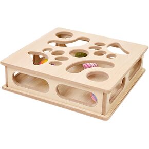 Cat Interactive Box Puzzle Toy with 3 Small Balls and 1 Bell Indoor Hunting Exercise Toy for Kittens Natural Wood Material