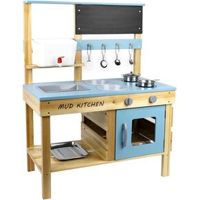 Mud Kitchen for Kids, Outdoor Kitchen Playset, Wooden Kitchen Toy Playset with Accessories, Toddler Deluxe Mud Kitchen for Backyard Garden