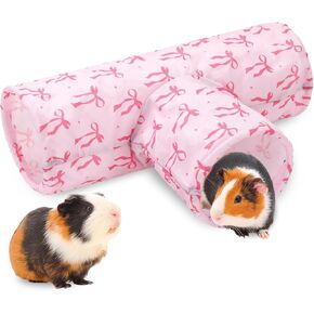 Guinea Pig Tunnel 3 Way Washable Guinea Pig Hideout Pink Bow Foldable Rabbit Tunnel Small Animal Toy for Bunny Hamster Chinchilla Ferret Accessory