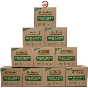 U-Haul Medium Heavy-Duty Double Wall Moving & Shipping Boxes - Pack of 10 Boxes with Handles - 18-1/8" x 18" x 16" (L x W x H) - Bonus Roll of Tape Included