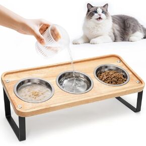 Elevated Cat Bowls, 15° Tilted Wood Stand, Anti-Spill Design, Easy to Clean, Ideal for Water, Dry & Wet Food