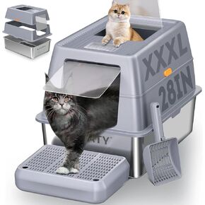 XXXL Stainless Steel Litter Box with Lid，Extra Large 28"L*20"W*18.1"H Metal Cat Litter Boxs,Jumbo Enclosed Removable Litter Box High Sides For Big Cats,with Cat Litter Scoop, Leak-Proof, Easy to Clean