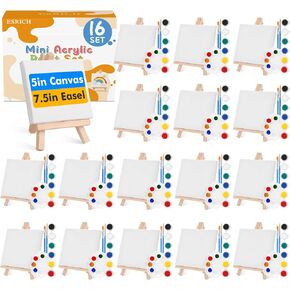 ESRICH 16Pack Mini Acrylic Paint Kit,Canvas Painting Kit,5inStretched Canvas with7.5in Easel,Acrylic Paint Strips,Paint Palettes,Painting Brushes,Canvas and Easel Set for Kids Artists Beginner,Gift