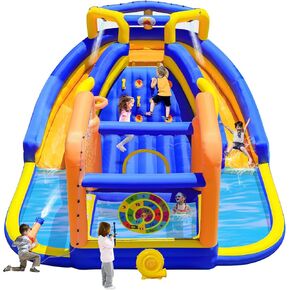 Inflatable Water Double Slides Park with Blower, Inflatable Bounce House with Climbing Wall, Water Cannon, Archery Dartboard Game, Water Curtain Sprayer and Deep Pool
