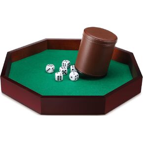 Octagon Tray Dice Cup Set Include Wooden Dice Tray Felt Lined PU Leather Dices Cup with 6 Dot Dices for Table Games(Coffee)